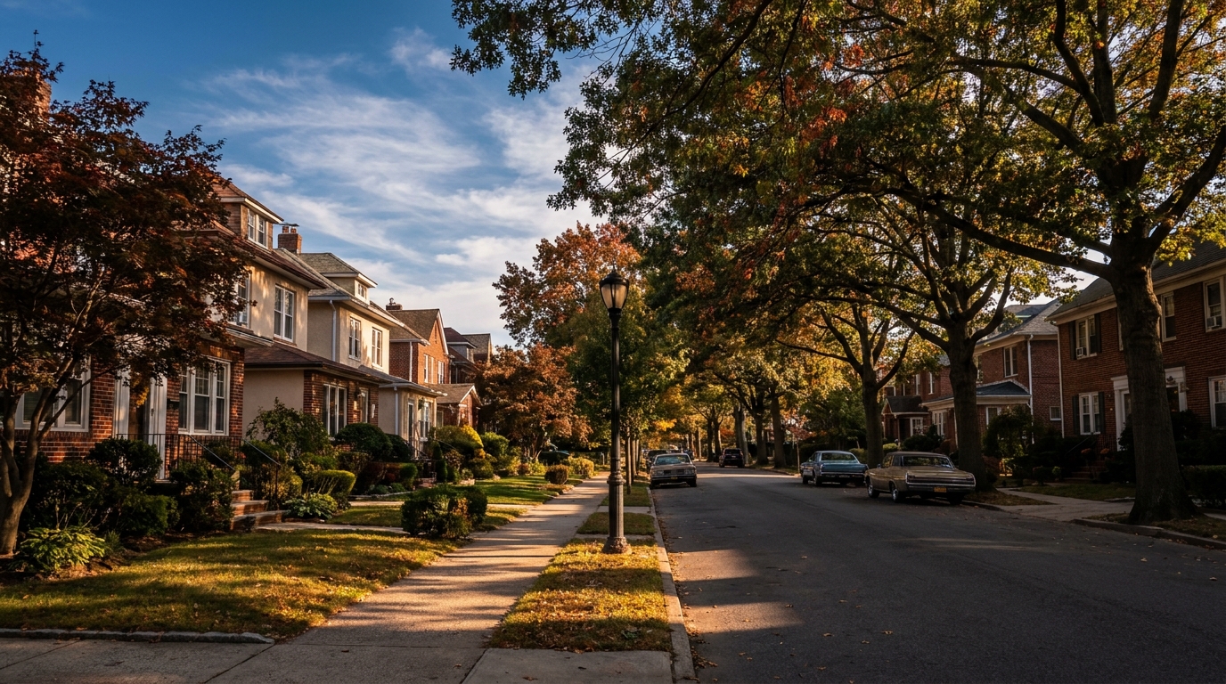 Tree-lined residential street in Midwood Brooklyn at golden hour