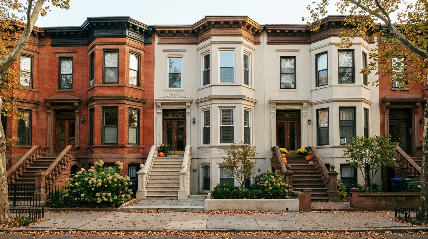 Classic Brooklyn single-family brick homes on a quiet residential block