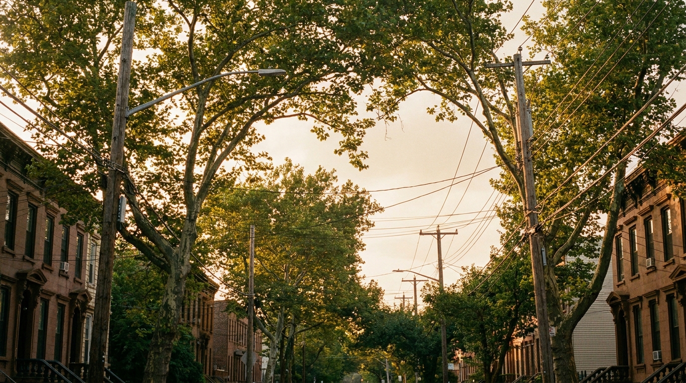 Brooklyn intersection with mature street trees and overhead wires