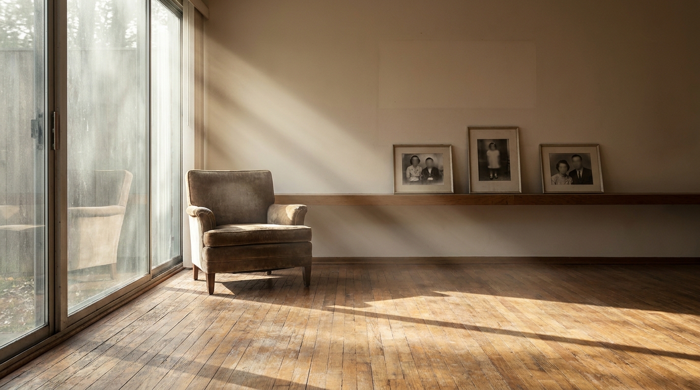Empty family home interior, sunlight on wooden floor