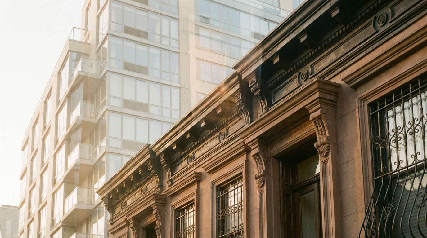 Brooklyn brownstone exterior with conceptual exchange visual
