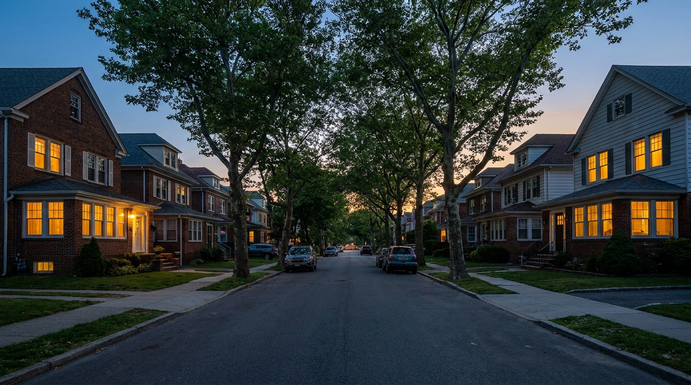Midwood Brooklyn block at twilight, warm window light from family homes